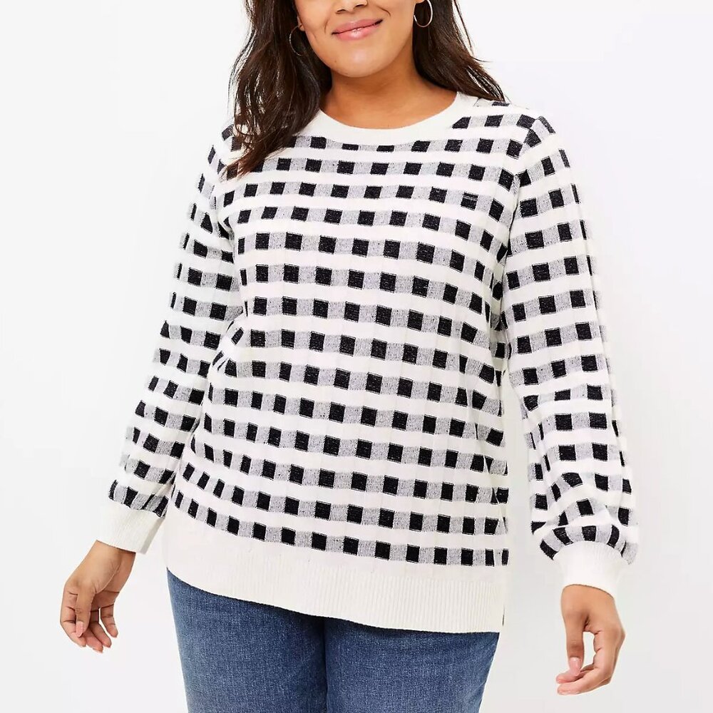 Ann Taylor LOFT Plus Gingham Knit Sweater Navy White Sz 14 NWT